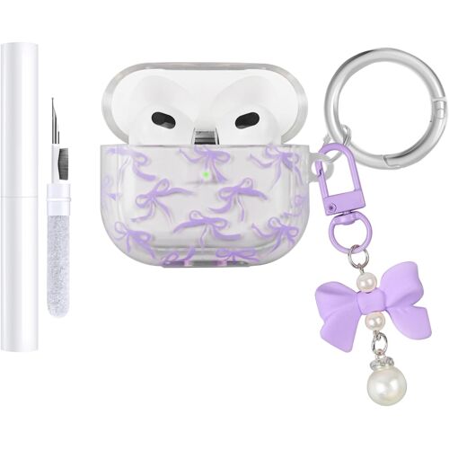 acdsgd-Compatible avec Coque AirPods 3 2021,Coque en TPU Souple avec Motif Floral pour AirPods 3ème Génération, avec Porte-clés Fleuri et Mousqueton pour Filles et Femmes (Noeud Violet)