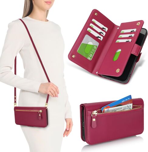 acdsgd-Coque pour Samsung Galaxy A14 5G Étui avec Fentes pour Cartes de crédit, Etui pour Samsung Galaxy A14 5G Housse avec Courroie de Cou Portefeuille Collier Ajustable - Rouge