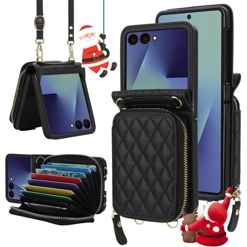 SUBZONAL-Coque pour Samsung Galaxy Z Flip 7, Coque Portefeuille Étui en Cuir PU pour Samsung Flip 7 avec Lanière Amovible et Réglable,Housse avec Fermeture éclair Porte-Cartes Sac pour Z Flip 7,Noir