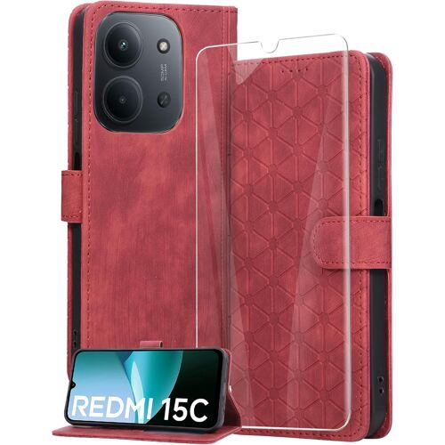 acdsgd-Coque pour Xiaomi Redmi 15C 4G / 5G avec Verre Trempé,Housse en Cuir PU Porte Carte Portefeuille, Etui de Protection à Rabat Magnétique,Pochette Fermeture Anti-Choc - Rouge