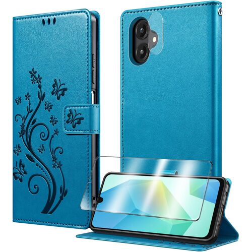 acdsgd-Coque pour Samsung Galaxy A07 avec 1 Verre Trempé,1 Protection Camera,Étuis RabatHousse en Cuir PU[Fentes pour Cartes[Pochette de Portefeuille[Stand Feature- Bleu