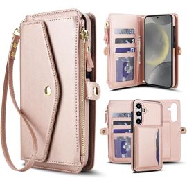 acdsgd-Coque pour Samsung Galaxy S24 Plus/S25 Plus S24+ S25+ 5G Portefeuille avec Verre Trempé et Cordon Porte Carte Cuir à Clapet Support Galaxie S24Plus S 24 S25Plus 25 + Téléphone Case Rosegold