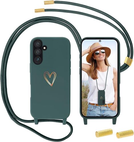 acdsgd-Coque pour Samsung Galaxy A54 5G avec Cordon, MoEvn Coque Collier Motif Coeur d'amour Silicone Liquide Bumper Housse pour Samsung A54 Etui avec Collier Réglable Chaîne Téléphone Lanyard Case, Vert