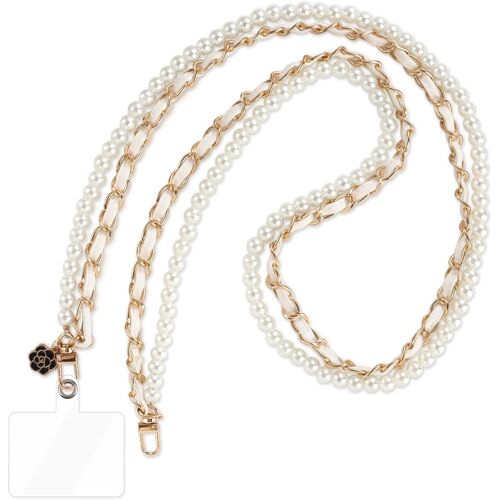 acdsgd-Cordon Téléphone Portable Universelle avec Patch, Perle Pearl avec Patchs Tether,Anti-Perte, Compatible avec des Smartphones Lanyard, pour Femmes et Filles-Blanc