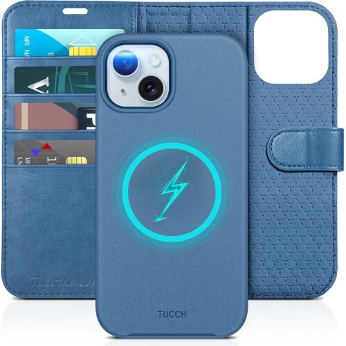 SUBZONAL-Etui pour iPhone 15 5G, Coque 2-en-1 Détachable Chargement Sans Fil Induction Portefeuille Antichoc Blocage RFID Simili Cuir Béquille Protection Robuste pour iPhone 15 (6,1"" 2023) - Bleu Cla