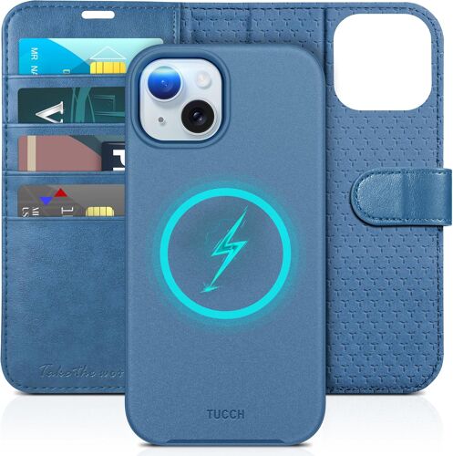 acdsgd-Etui pour iPhone 15 5G, Coque 2-en-1 Détachable Chargement Sans Fil Induction Portefeuille AntichocBlocage RFID Simili Cuir Béquille Protection Robuste pour iPhone 15 (6,1"" 2023) - Bleu Clair