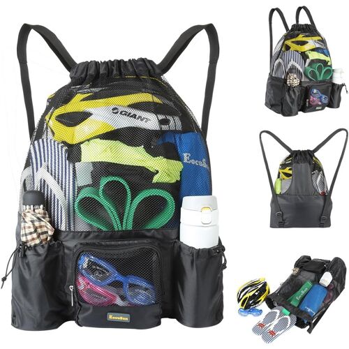 acdsgd-Grand sac de plage en maille filet avec cordon de serrage pour homme, femme, garçon, fille et enfant (noir)