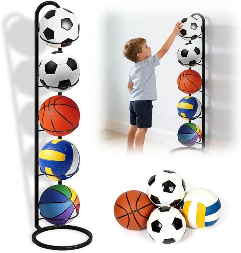 Acdsgd-Support De Balles 5 Niveaux Noir, Rangement Vertical, Étagère Amovible En Métal Robuste, Pour Basket, Football, Volley-Ball, Organisateur De Matériel Sportif Pour Maison, Gym Et Extérieur