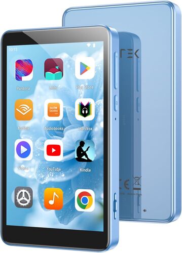 acdsgd-96Go MP4 Bluetooth WiFi, Android 14 Lecteur Musique Spotify 3G RAM Fluide Écran 4'' HD 1080P, Baladeur MP3 avec Haut-Parleur Radio Contrôle Parental Compatible Audible Spotify Deezer-Bleu