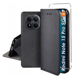 Housse pour Xiaomi Redmi Note 15 Pro 5G - etui coque pochette portefeuille + verre trempe - NOIR MAGNET