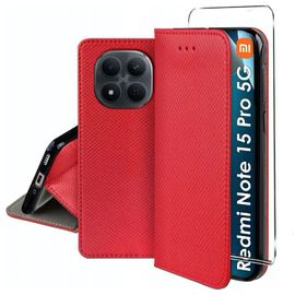 Housse pour Xiaomi Redmi Note 15 Pro 5G - etui coque pochette portefeuille + verre trempe - ROUGE MAGNET