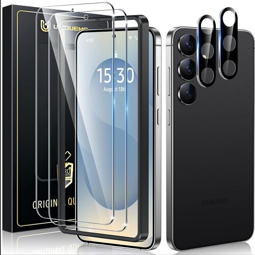 JGD-4 Pièces Verre Trempé pour Samsung Galaxy S24 Protection, 2 Pièces Protection Ecran 2 Pièces Verre Trempé Protection d'objectif, Compatible avec ID d'empreintes Digitales