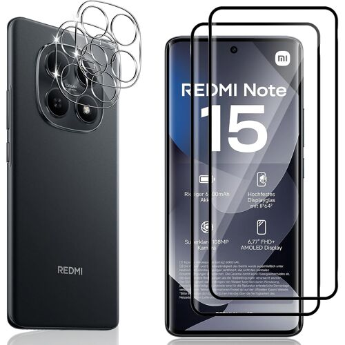 LORANKA-Verre Trempé pour Xiaomi Redmi Note 15 4G, 2 Pièces Protection écran Film avec 2 Pièces Caméra Arrière Protecteur, Dureté 9H Film Objectif Ultra HD Vitre Trempé