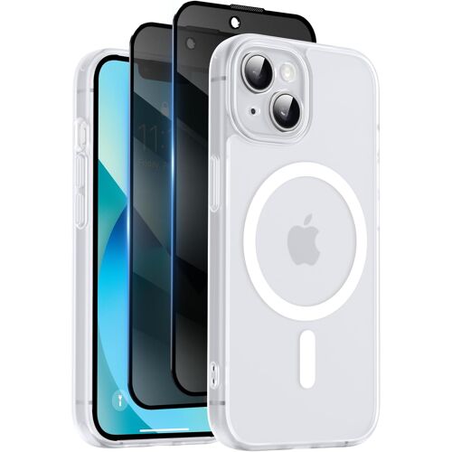 KALANKA-Coque Magnétique pour iPhone 13 6,1 Pouces avec 2 Verre Trempé Anti-Espion, Compatible avec MagSafe, Étui Mat Translucide Arrière Housse Antichoc Anti-Rayures, Blanc givré
