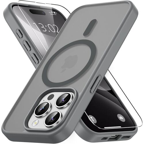 LORANKA-Magnétique Coque pour iPhone 15 Pro avec 1 Verre Trempé, Compatible avec MagSafe, Protection Contre Les Chutes de qualité Militaire, Coque Mat Translucide Fine Antichoc-Gris Titane