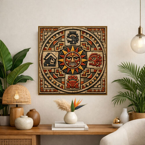 Art Mural Aztèque Calendrier Solaire - Sculpture En Pierre Rouge Et Ocre Représentant Le Soleil Central Et Les Quatre Directions Sacrées - Affiche Murale Hd Prête À Encadrer - Taille : 70×70 Cm