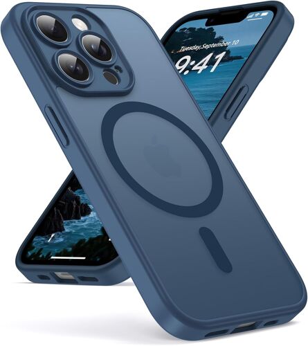 KALANKA--Coque pour iPhone 13 Pro Compatible avec MagSafe Magnétique, Housse de Arrière Translucide Givrée PC, TPU Silicone Bumper Étui Protection Antichoc Militaire Anti-Empreintes - Bleu