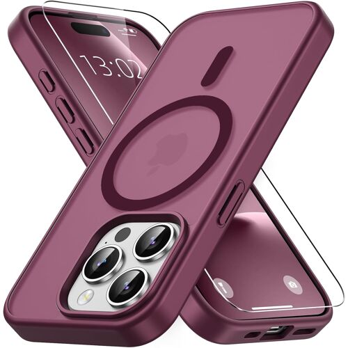 KALANKA-Magnétique Coque pour iPhone 15 Pro Max avec 1 Verre Trempé, Compatible avec MagSafe, Protection Contre Les Chutes de qualité Militaire, Coque Mat Translucide Fine Antichoc-Bordeaux