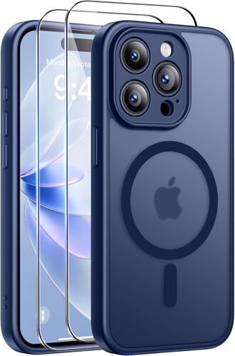 LORANKA-Coque pour iPhone 15 Pro Max(6,7 Pouces) avec 2 Verres Trempés, Compatible avec Mag Safe, Coque Mat Translucide Fine Antichoc, PC Dur Housse Arrière Anti-Rayures + TPU Bumper Antichoc,Bleu