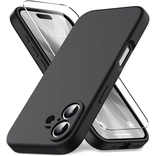 LORANKA-Coque pour iPhone 16,Housse Silicone Liquide Mince, Doublure Microfibre Anti-Rayures, 1x Film de Protection en Verre Trempé, Protection Antichoc,Noir
