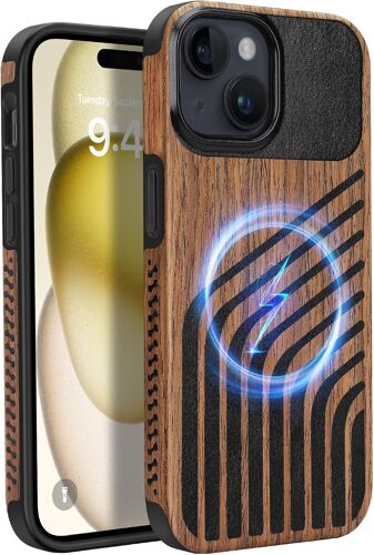 LORANKA-Coque Magnétique pour iPhone 15 [Compatible avec MagSafe] Étui en Bois et Cuir Protection Antichoc Housse pour iPhone 15 - Bois Cuir