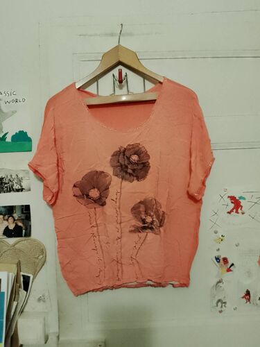 Tee Shirt Rose Clair Motif Noir 40 L New Collection.