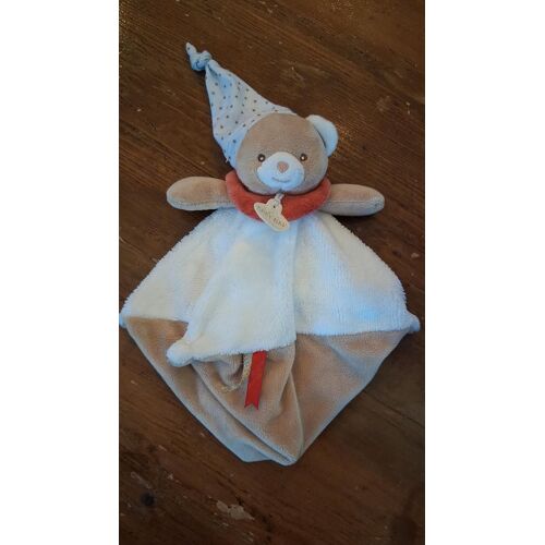 Doudou plat ourson blanc beige rouge bonnet lutin étoiles BABY NAT