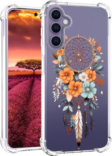 LORANKA-Compatible avec Samsung Galaxy S24+ Plus & S25+ Plus Coque mignonne transparente pour femme, coque de téléphone en silicone transparente ¿ Motif attrape-rêves et fleurs orange