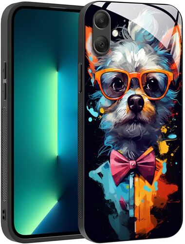 LORANKA-Coque pour Samsung Galaxy A07 4G - Motif Abstrait Artistique Géométrique Arrière Verre Étui, Antichoc Anti-Rayures Antidérapant Housse (Dog)