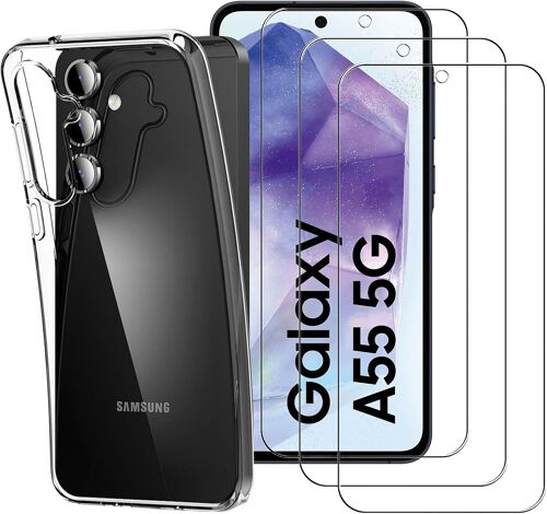 LORANKA-Coque transparente pour Samsung Galaxy A55 5G + 3 protecteurs d'écran en verre trempé (clarté HD, installation sans bulles), coque fine en silicone TPU souple anti-rayures