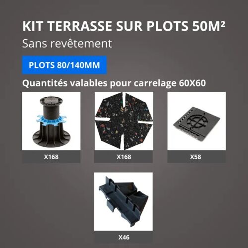 kit terrasse sur plots sans revêtement 50m² - sans profilé - 80/140 mm - JOUPLAST