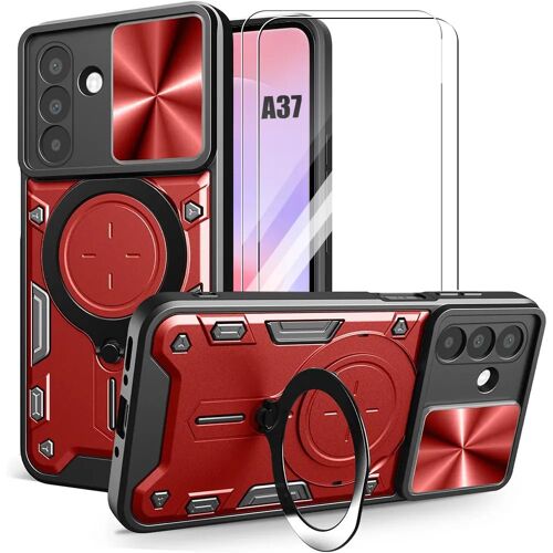 Coque + 2 Verres Trempés pour Samsung Galaxy A37 5G, avec Anneau et Protection Objectif - Rouge - E.F.Connection