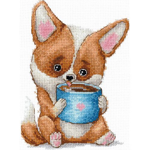 Kit Point De Croix Compté Andriana "Amateurs De Café. Corgi" 10x14.5 Cm
