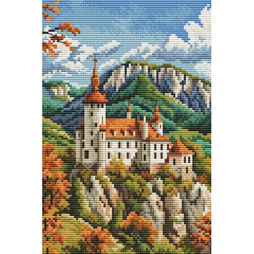 Kit Point De Croix Compté Collection D`Art "Château Dans Les Montagnes" 14.5x22 Cm