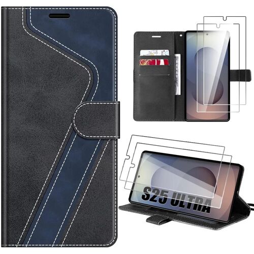 Coque + 2 Verres Trempés pour Samsung Galaxy S25 Ultra, Anti-Rayures Cuir PU Noir Bleu Marine - E.F.Connection