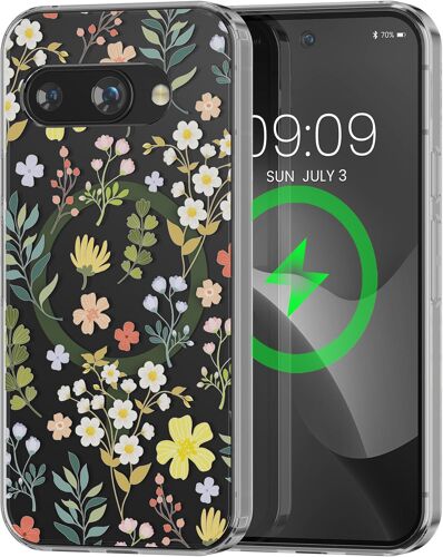 ELVORIX-Coque Compatible avec Google Pixel 9a - Étui Transparent Anti-jaunissement avec Bords renforcés Anti-Chocs - Compatible MagSafe - Fleurs de Charme