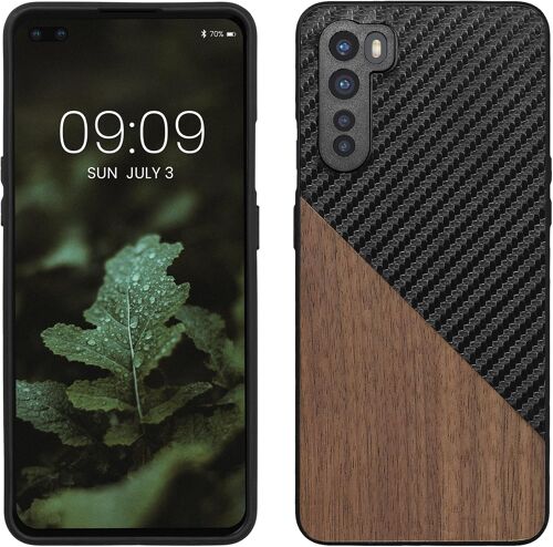 LORANKA-Coque Compatible avec OnePlus Nord - Housse en Bois et Fibre Carbone Brun foncé-Noir