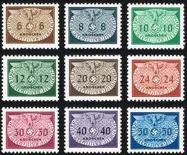 Pologne, Occupation Allemande, General Gouvernement 1940, Très Belle Série Complète Timbres De Service Neufs** Luxe Yvert S 1 À S 9, Petit Format, Grand Aigle Et Croix Gammée Sur Fond Ovale.