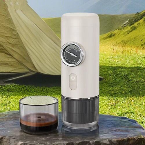 PSS1201C2 Macin de café portable en blanc laitier avec affichage vintage du manomètre, 2 en 1 (capsule+poudre de café)100 W, extraction à 88-92 °Ccharge sans filcapacité d'extraction de 150 tasses,