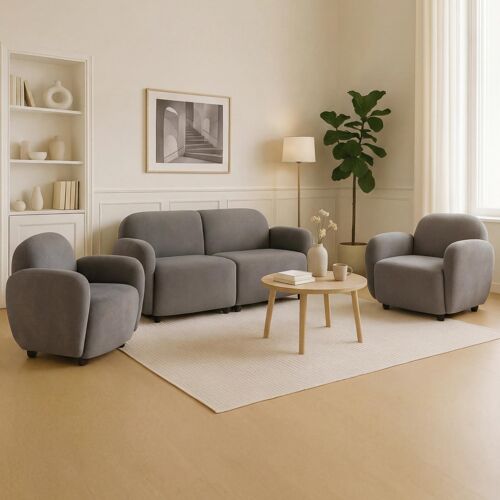Ensemble de salon HWC-P33, canapé 2 places, 2 fauteuils, tissu/textile chenille (330 g/m²) Oeko-Tex   gris clair