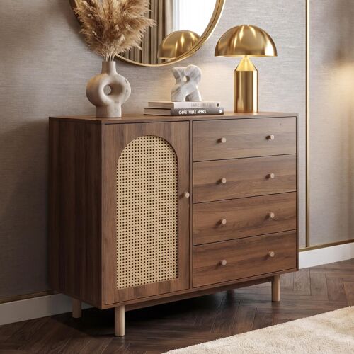Commode HWC-P52, armoire buffet haut, tiroirs, compartiments de rangement, polyrotin MDF mélaminé 95x100x40cm   marron