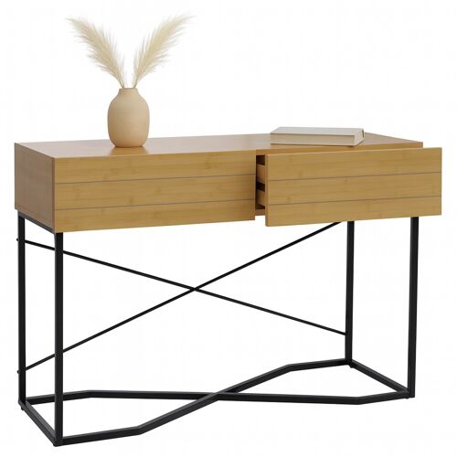 Console HWC-P47, table de téléphone, table d'appoint, table de rangement, tiroir mélaminé industriel 81x120x40cm   aspect bambou