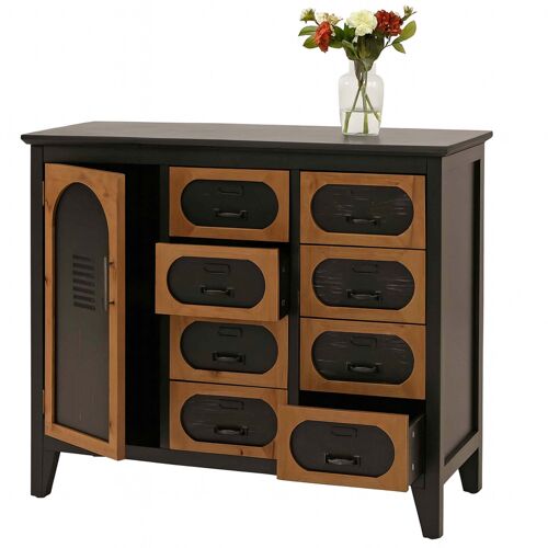 Commode de pharmacien HWC-O63, armoire à tiroirs, compartiment de rangement, style vintage shabby industriel, bois et métal, 80 x 91 x 40 cm   Corps noir