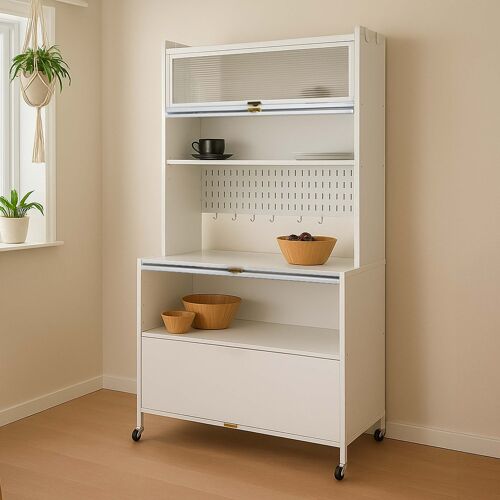 Armoire de cuisine HWC-O53, étagère de cuisine, plan de travail, compartiments, roulante, métal, 175 x 80 x 42 cm   blanc