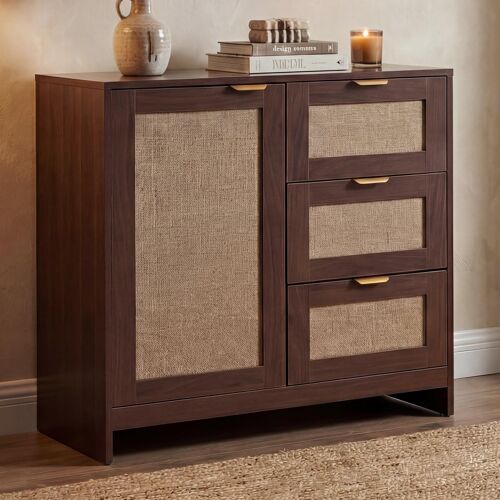 Commode HWC-P50, armoire, buffet haut, tiroirs, compartiment de rangement, façade en MDF mélaminé   aspect noyer