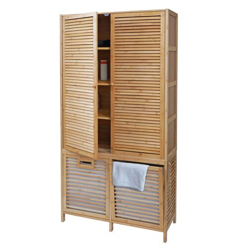 Armoire de salle de bain en bambou HWC-N83, étagère, armoire de rangement, 2 paniers à linge 168x82x34cm