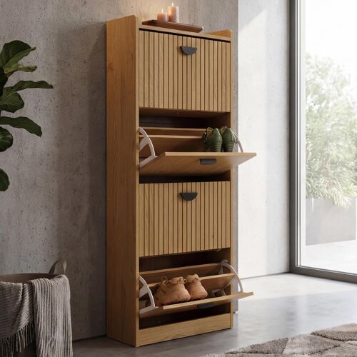 Armoire à chaussures HWC-O39, meuble à chaussures, 4 compartiments rabattables, MDF mélaminé, métal, 148 x 50 x 24 cm   naturel