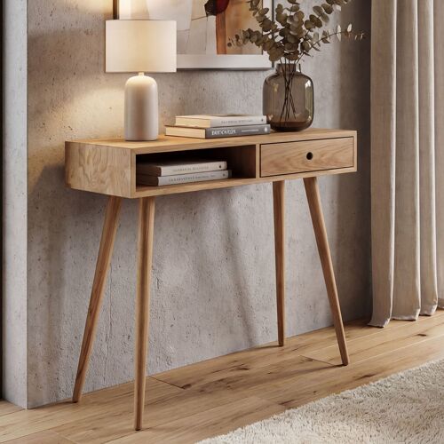 MCA Console HWC-P55, table de téléphone, table d'appoint, table de rangement, tiroir en bois massif, compartiment de rangement 80 x 80 x 34 cm, chêne