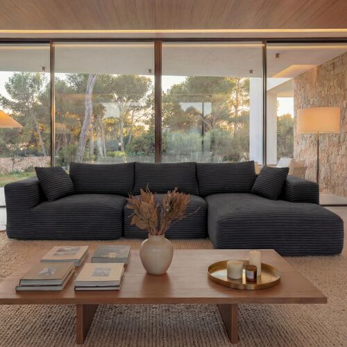 Ensemble canapé HWC-P20, canapé 3 places Canapé lounge, tissu/textile velours côtelé (370 g/m²) Surface de couchage à droite   gris foncé