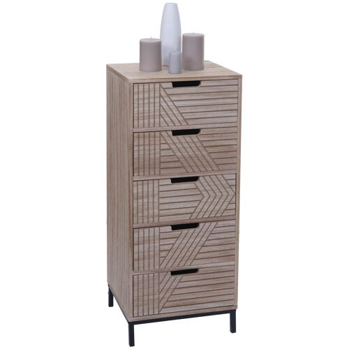 Commode HWC-N90, armoire Highboard, design 3D 5 tiroirs bois métal 84x35x29cm   naturel